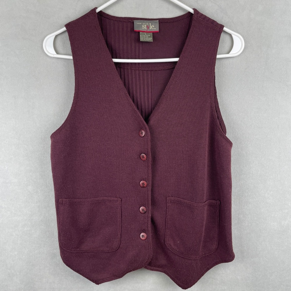 VTG 90s New York Style Burgundy Rib Button Sweater Vest V-Neck Pockets Preppy‎ L